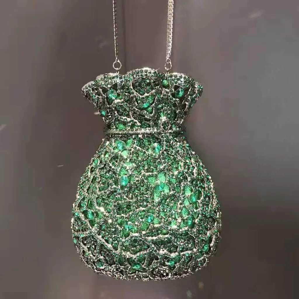 Lady Flower Bottle Rhinestones Evening Bags Wedding Stone Clutch Purse Metal Handbag Bridal Party Handbags(D)