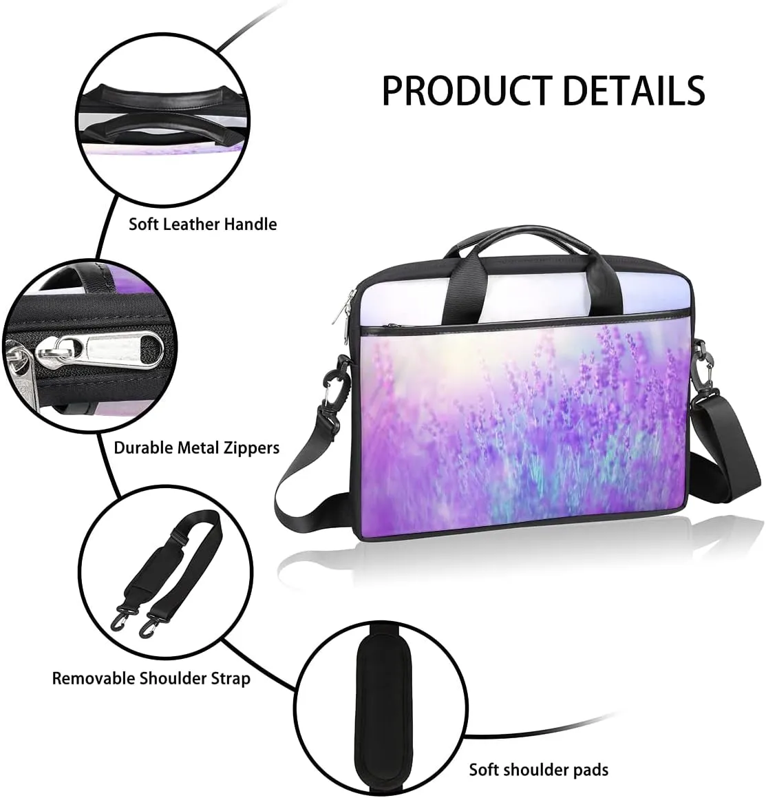 Lavender Field Laptop Shoulder Messenger Bag Waterproof Laptop Briefcase Handle Padded Strap