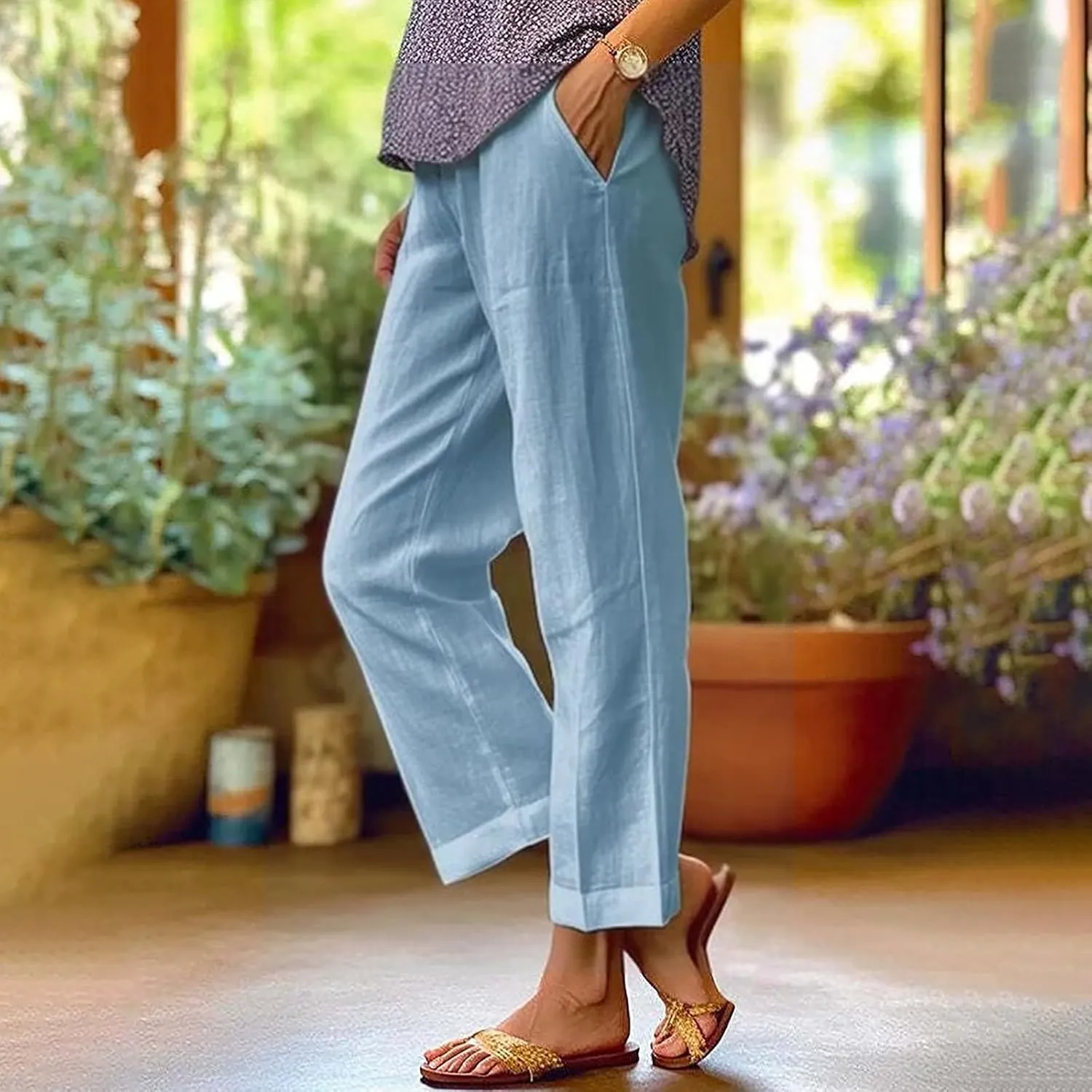 LCMTWX Women's Linen High Waisted Straight Pants Drawstring Linen Women Waist Cotton Casual Pants with Pockets Boho Clothes