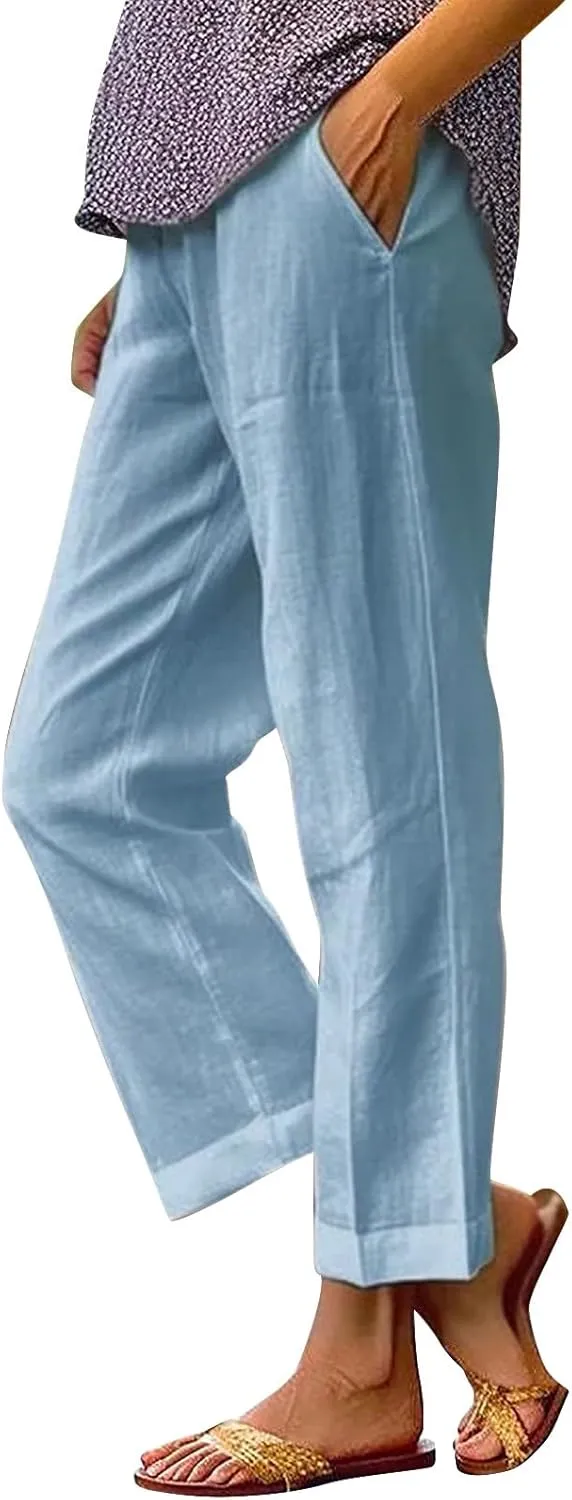 LCMTWX Women's Linen High Waisted Straight Pants Drawstring Linen Women Waist Cotton Casual Pants with Pockets Boho Clothes