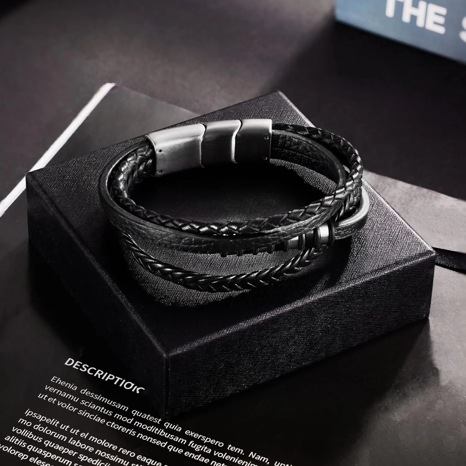 Leather Bracelet for Men with Adjustable Stainless Steel Magnetic Clasp Multi-Layer Braided Mens Genuine Leather Bracelet
