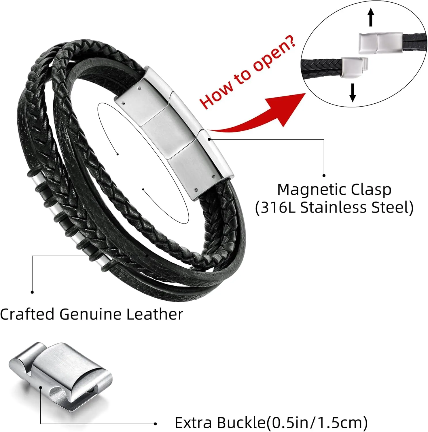 Leather Bracelet for Men with Adjustable Stainless Steel Magnetic Clasp Multi-Layer Braided Mens Genuine Leather Bracelet