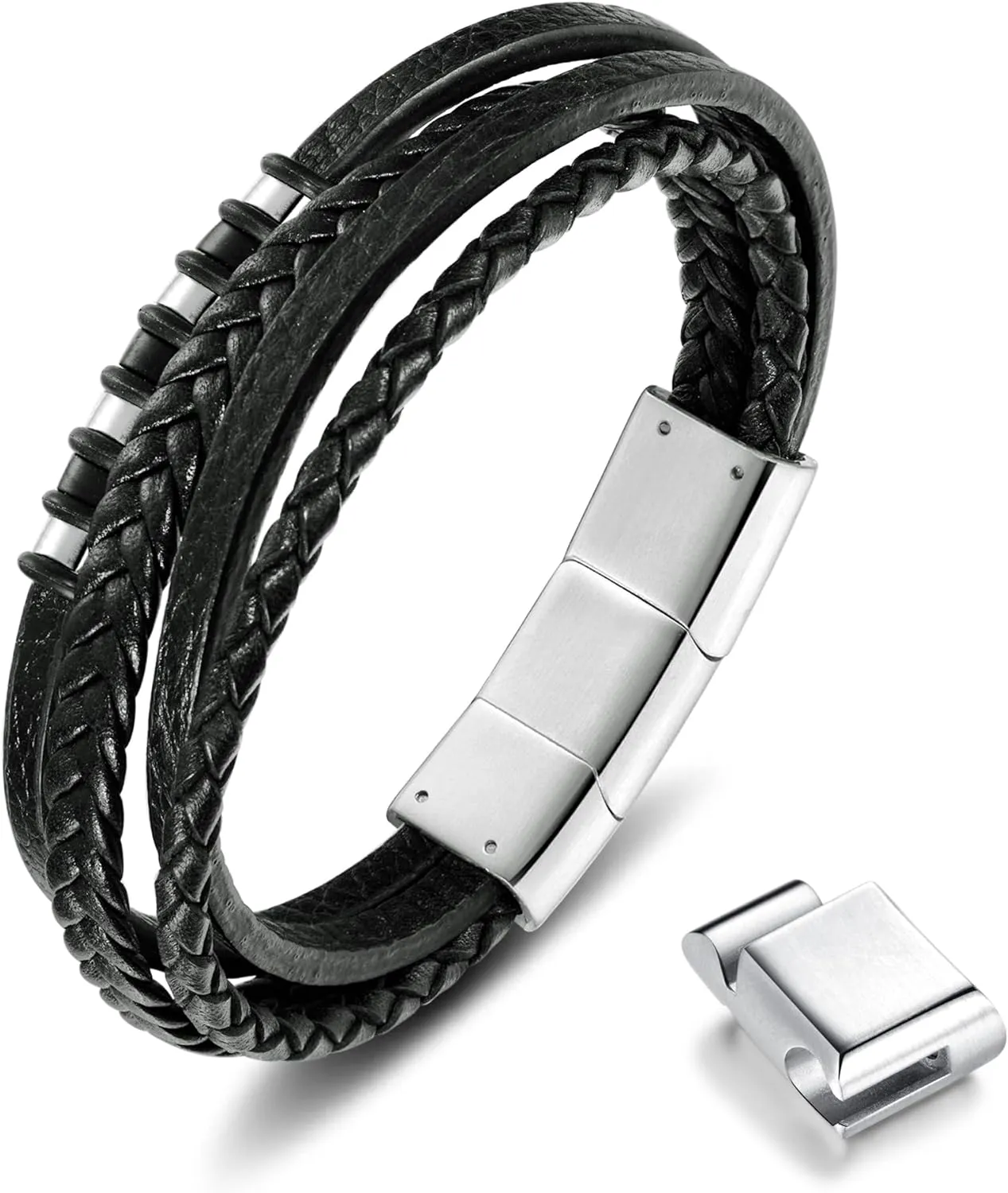 Leather Bracelet for Men with Adjustable Stainless Steel Magnetic Clasp Multi-Layer Braided Mens Genuine Leather Bracelet