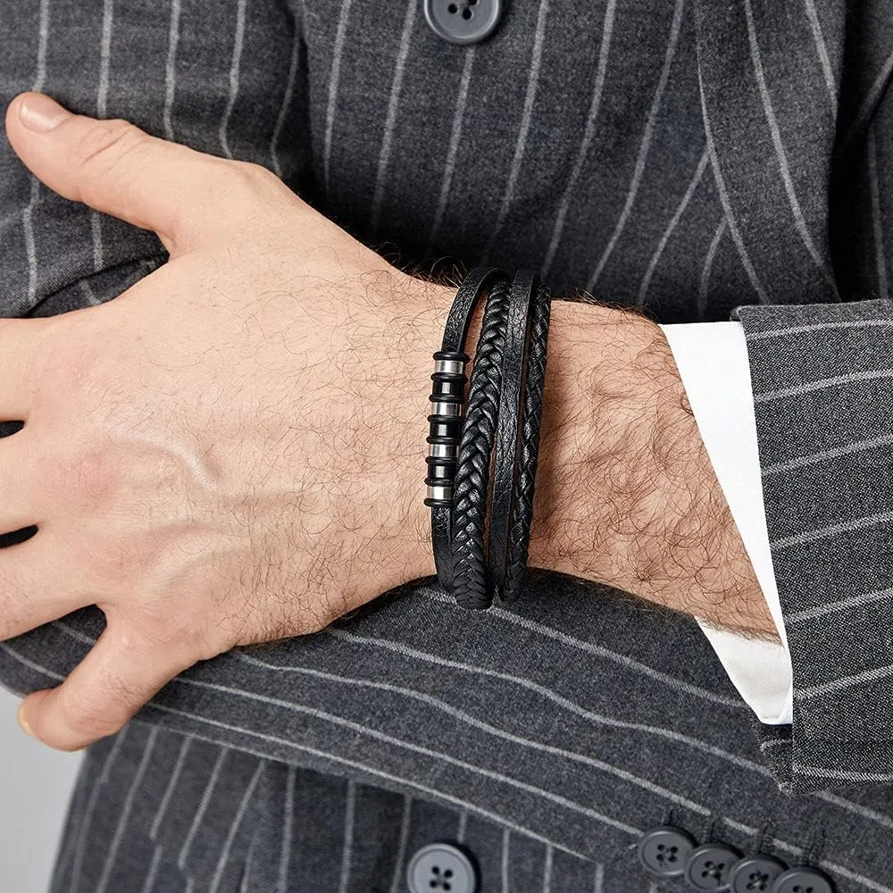 Leather Bracelet for Men with Adjustable Stainless Steel Magnetic Clasp Multi-Layer Braided Mens Genuine Leather Bracelet