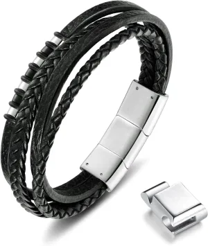 Leather Bracelet for Men with Adjustable Stainless Steel Magnetic Clasp Multi-Layer Braided Mens Genuine Leather Bracelet
