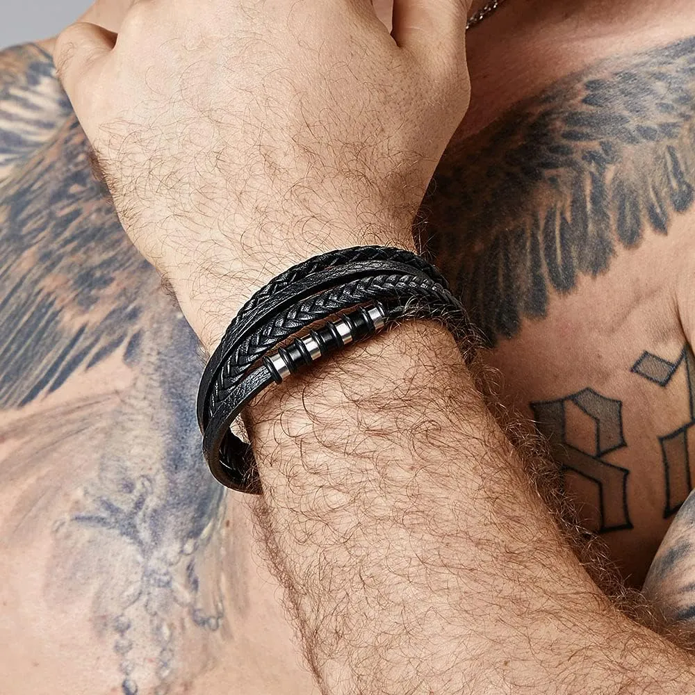 Leather Bracelet for Men with Adjustable Stainless Steel Magnetic Clasp Multi-Layer Braided Mens Genuine Leather Bracelet