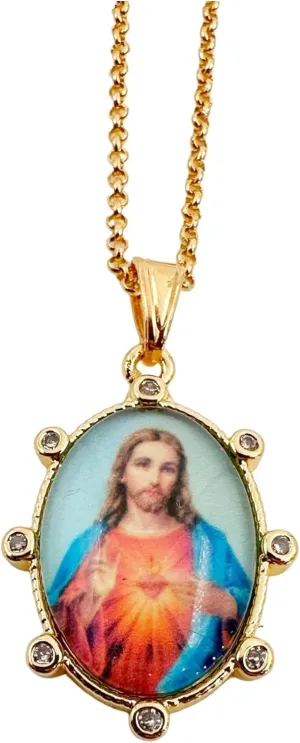 LESLIE BOULES 18K Gold-Plated Sacred Heart of Jesus Pendant Necklace - 18 Inches, Divine Love Symbol with Colorful Medal and Zircon Accents