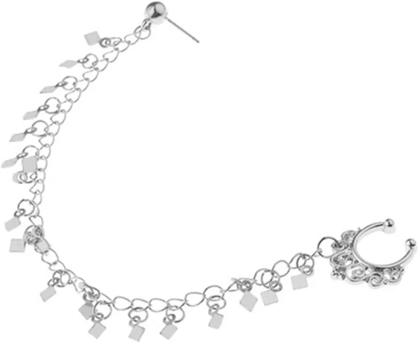 LIFKOME Nose Ring Chain to Ear Geometric Earrings with Sequin Tassel Link Unique Nose Clip for Parties and Summer Events Stylish Jewelry for Women Silver
