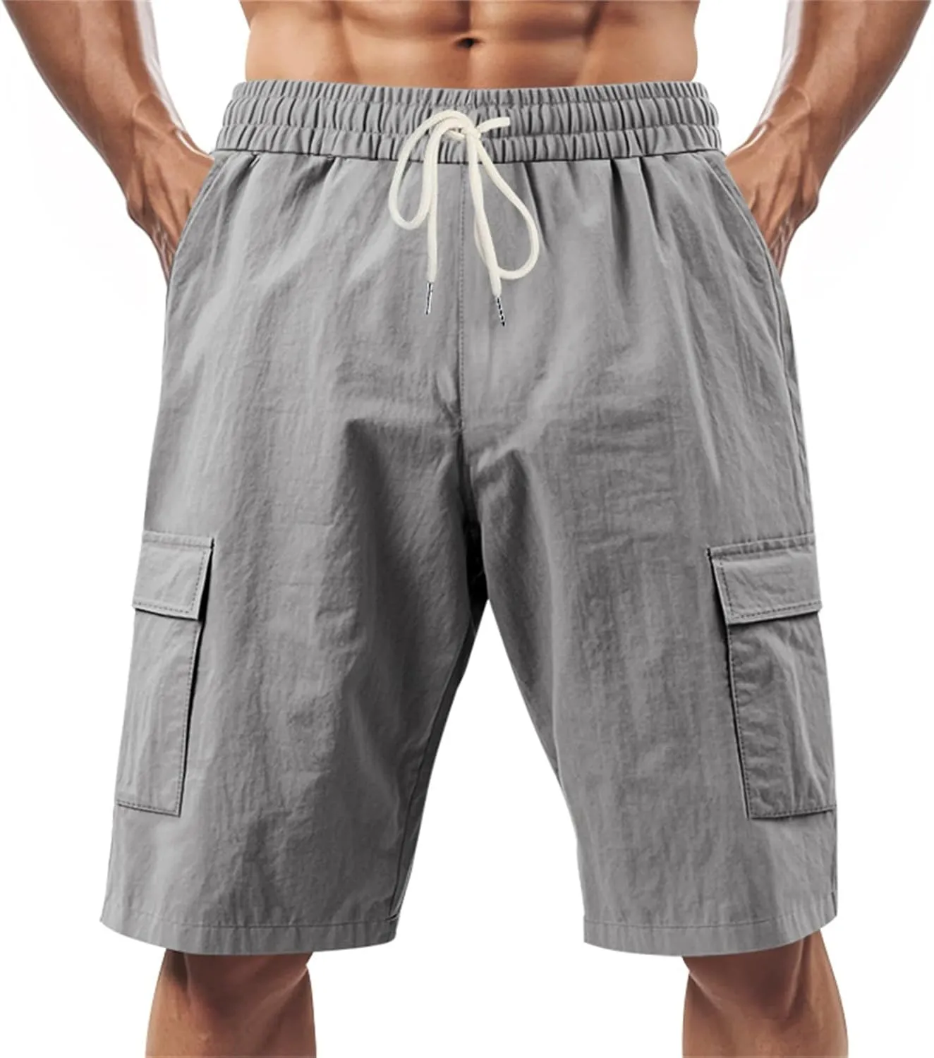 Linen Cargo Shorts for Men Baggy Elastic Waist Shorts with Pockets Lightweight Casual Summer Vacation Bermuda Short