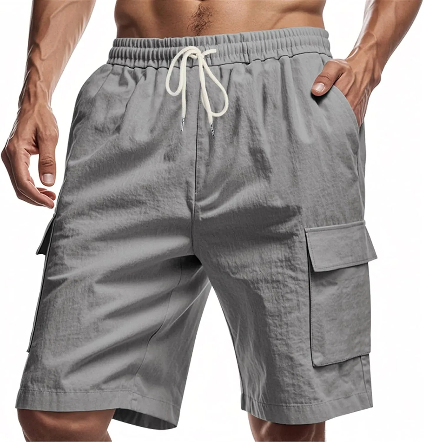 Linen Cargo Shorts for Men Baggy Elastic Waist Shorts with Pockets Lightweight Casual Summer Vacation Bermuda Short