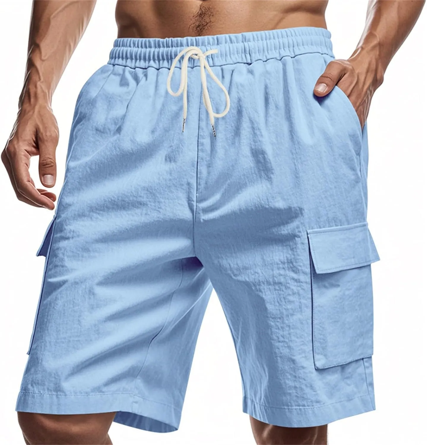 Linen Cargo Shorts for Men Baggy Elastic Waist Shorts with Pockets Lightweight Casual Summer Vacation Bermuda Short
