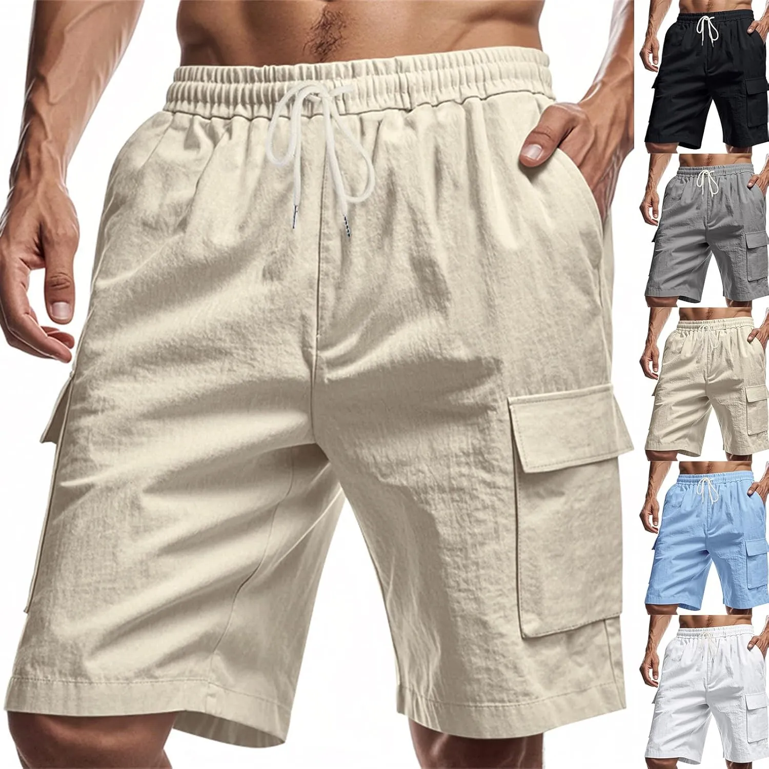 Linen Cargo Shorts for Men Baggy Elastic Waist Shorts with Pockets Lightweight Casual Summer Vacation Bermuda Short