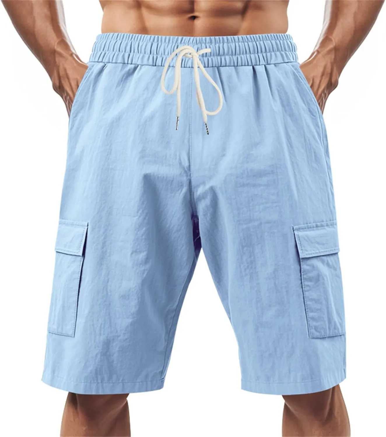 Linen Cargo Shorts for Men Baggy Elastic Waist Shorts with Pockets Lightweight Casual Summer Vacation Bermuda Short