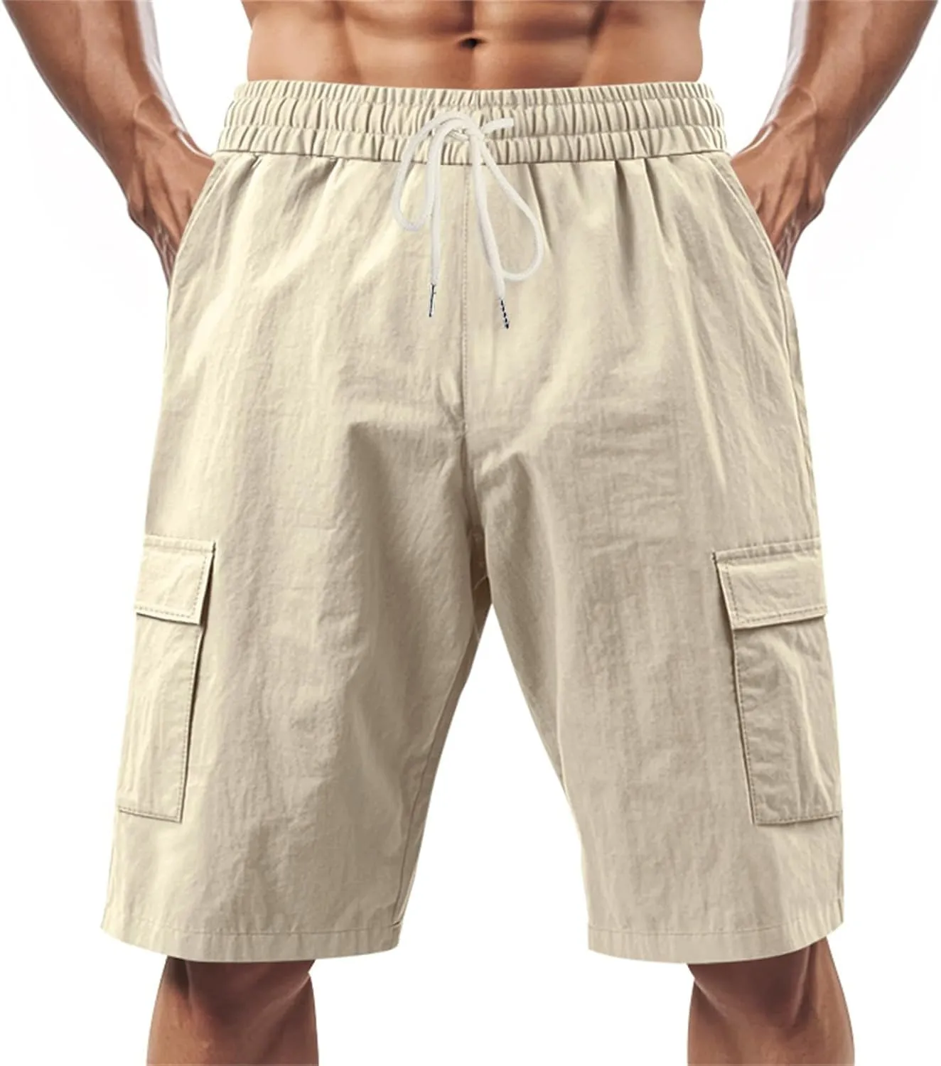 Linen Cargo Shorts for Men Baggy Elastic Waist Shorts with Pockets Lightweight Casual Summer Vacation Bermuda Short