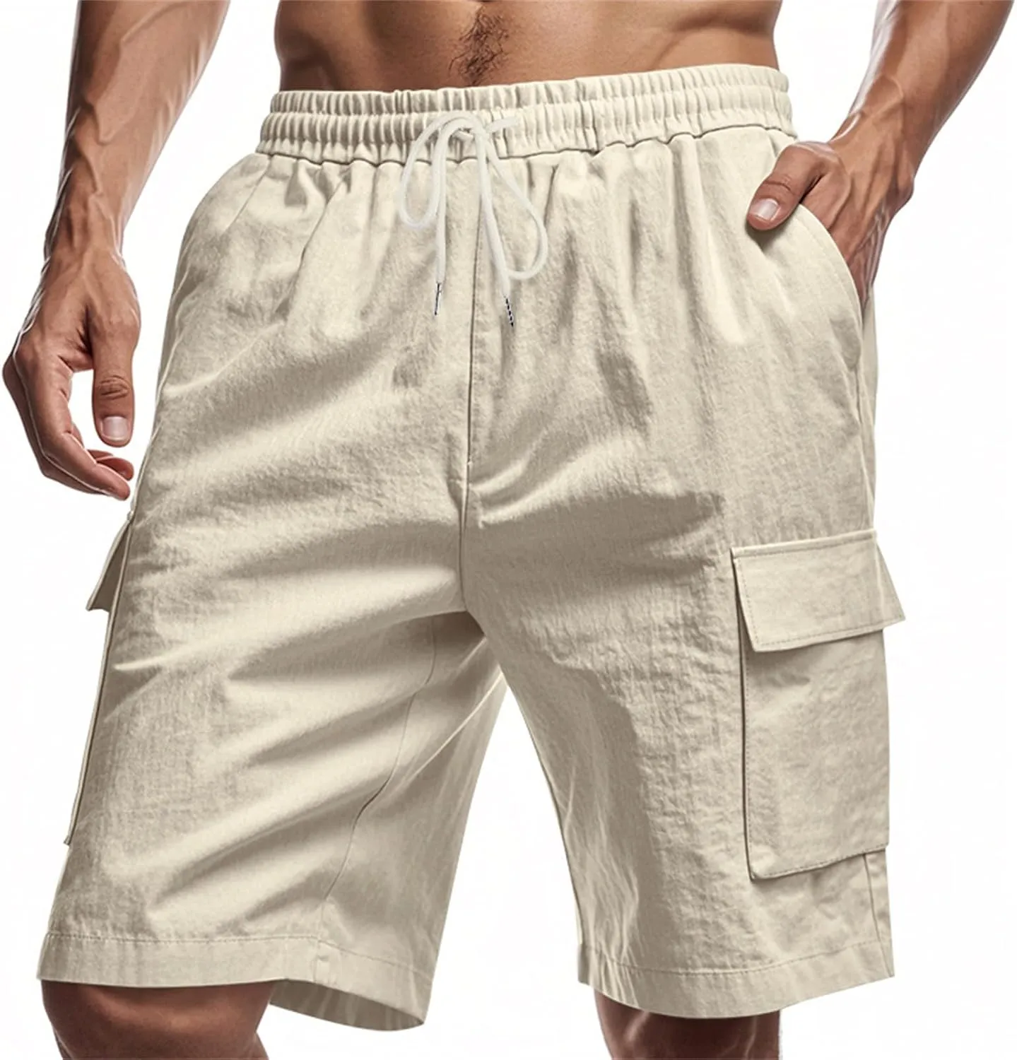 Linen Cargo Shorts for Men Baggy Elastic Waist Shorts with Pockets Lightweight Casual Summer Vacation Bermuda Short