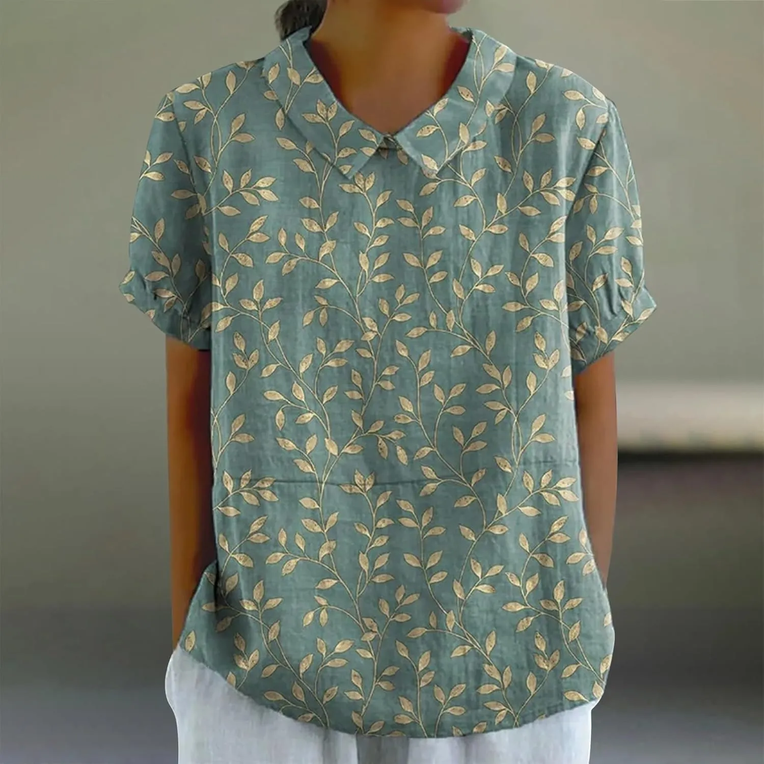 Linen Tops for Women Summer Peterr Pan Collar Puff Short Sleeve Shirts Linen Loose Large Size Thin Lapel Shirt Short