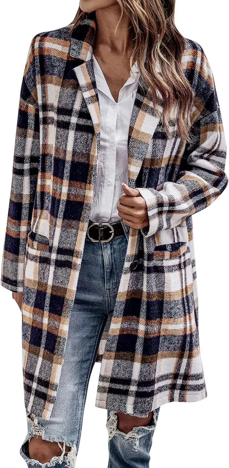 Long Jacket for Women Long Sleeve V Neck Button Up Lapel Tartan Trench Coat with Pocket Autumn Casual Duster Coat Button Down