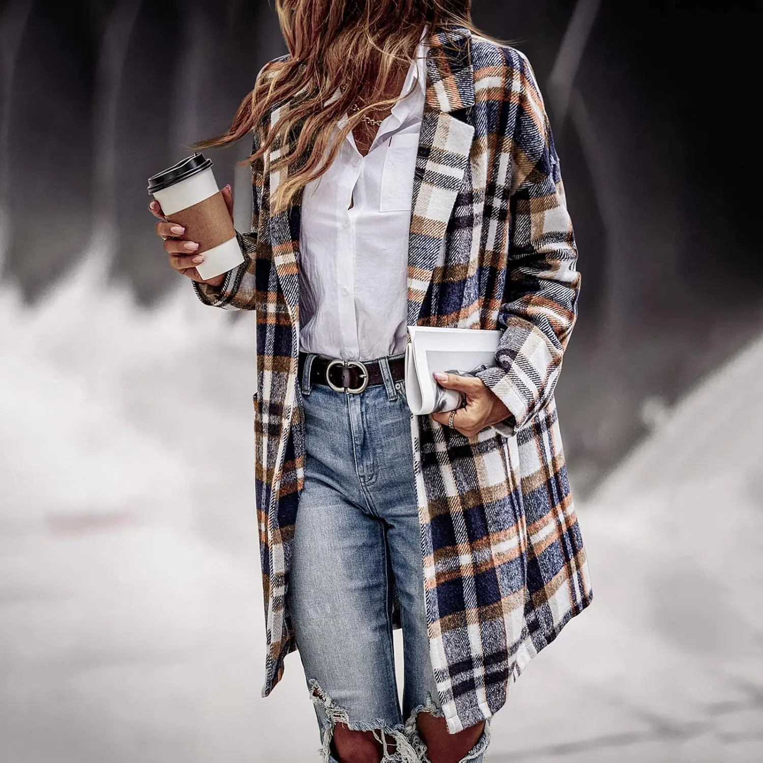Long Jacket for Women Long Sleeve V Neck Button Up Lapel Tartan Trench Coat with Pocket Autumn Casual Duster Coat Button Down