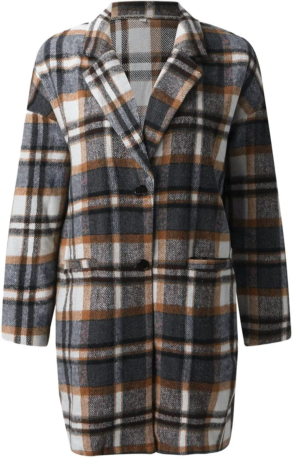 Long Jacket for Women Long Sleeve V Neck Button Up Lapel Tartan Trench Coat with Pocket Autumn Casual Duster Coat Button Down