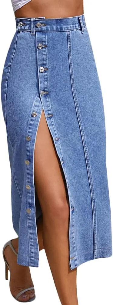 Long Jean Skirts for Women Button Up Split Jean Skirts High Waisted Midi Skirts with Pockets