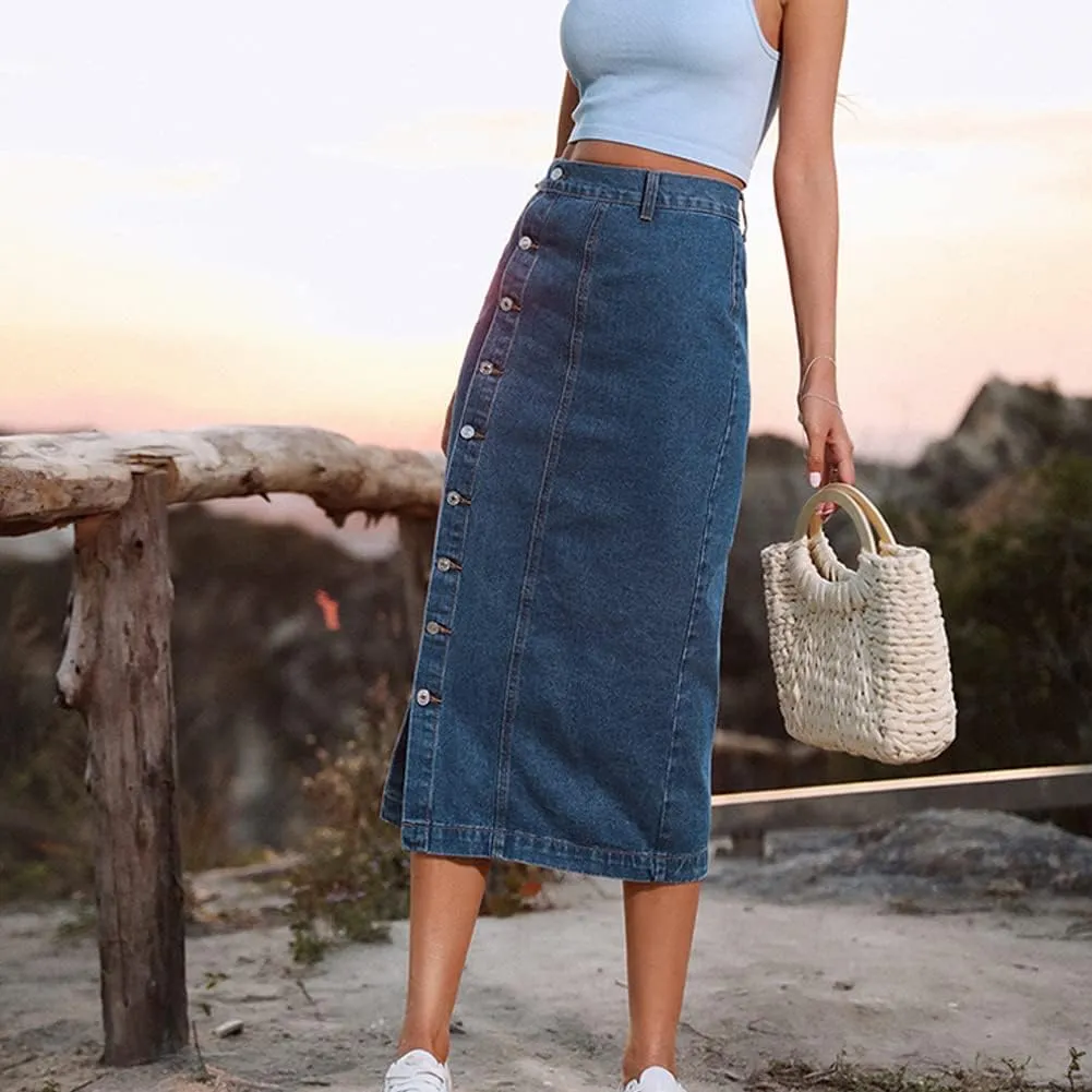 Long Jean Skirts for Women Button Up Split Jean Skirts High Waisted Midi Skirts with Pockets