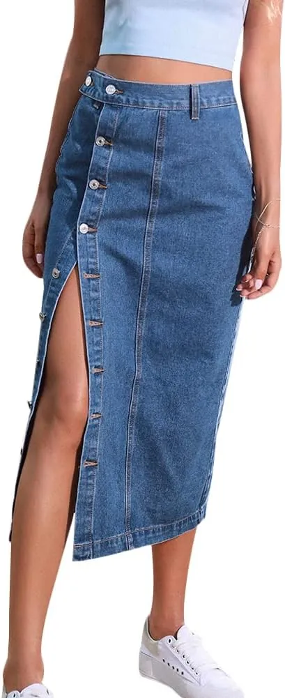 Long Jean Skirts for Women Button Up Split Jean Skirts High Waisted Midi Skirts with Pockets