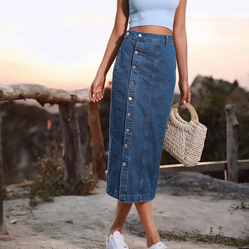 Long Jean Skirts for Women Button Up Split Jean Skirts High Waisted Midi Skirts with Pockets
