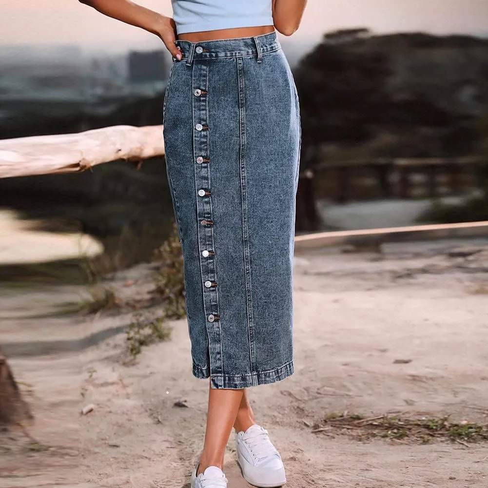 Long Jean Skirts for Women Button Up Split Jean Skirts High Waisted Midi Skirts with Pockets