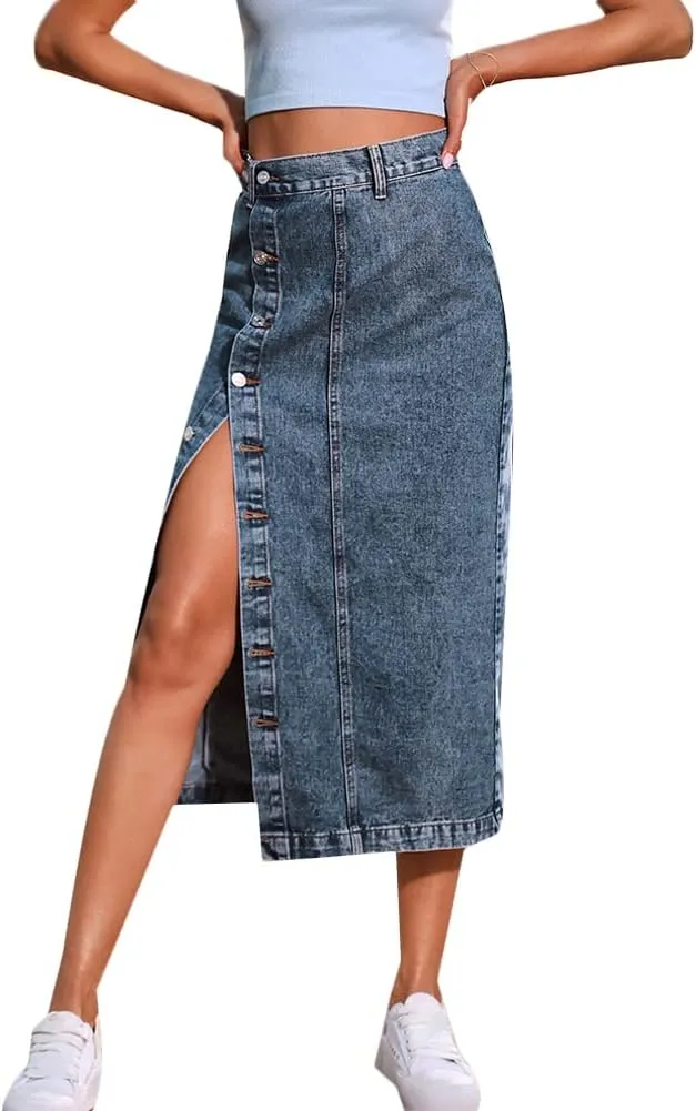 Long Jean Skirts for Women Button Up Split Jean Skirts High Waisted Midi Skirts with Pockets