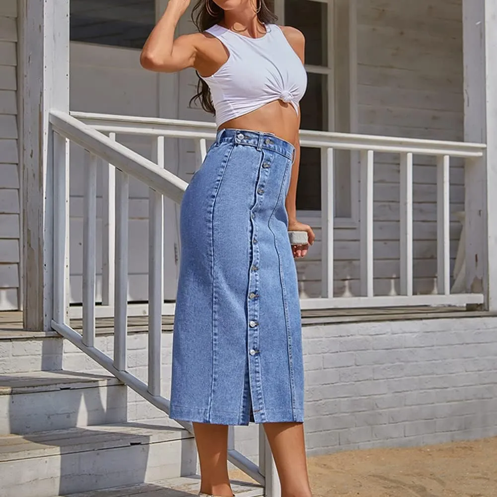 Long Jean Skirts for Women Button Up Split Jean Skirts High Waisted Midi Skirts with Pockets