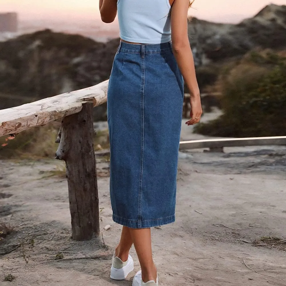 Long Jean Skirts for Women Button Up Split Jean Skirts High Waisted Midi Skirts with Pockets