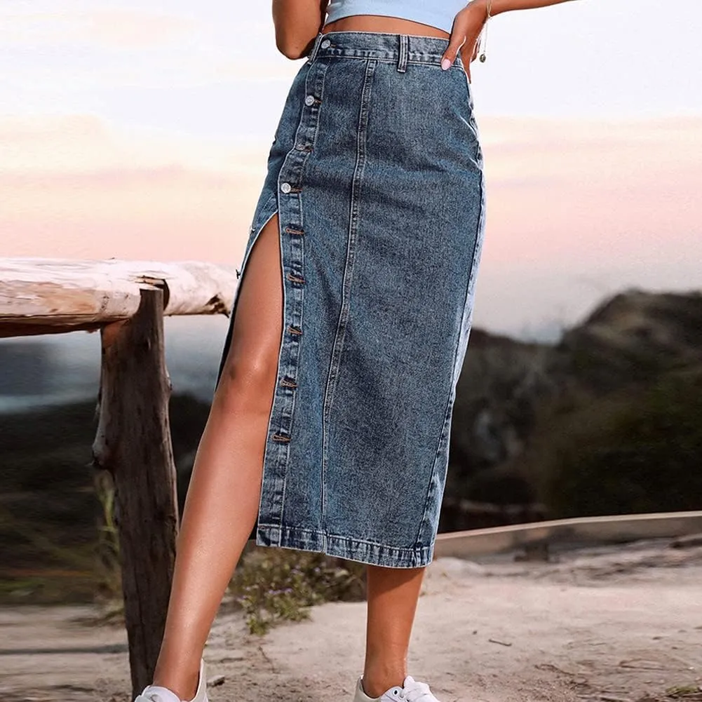 Long Jean Skirts for Women Button Up Split Jean Skirts High Waisted Midi Skirts with Pockets