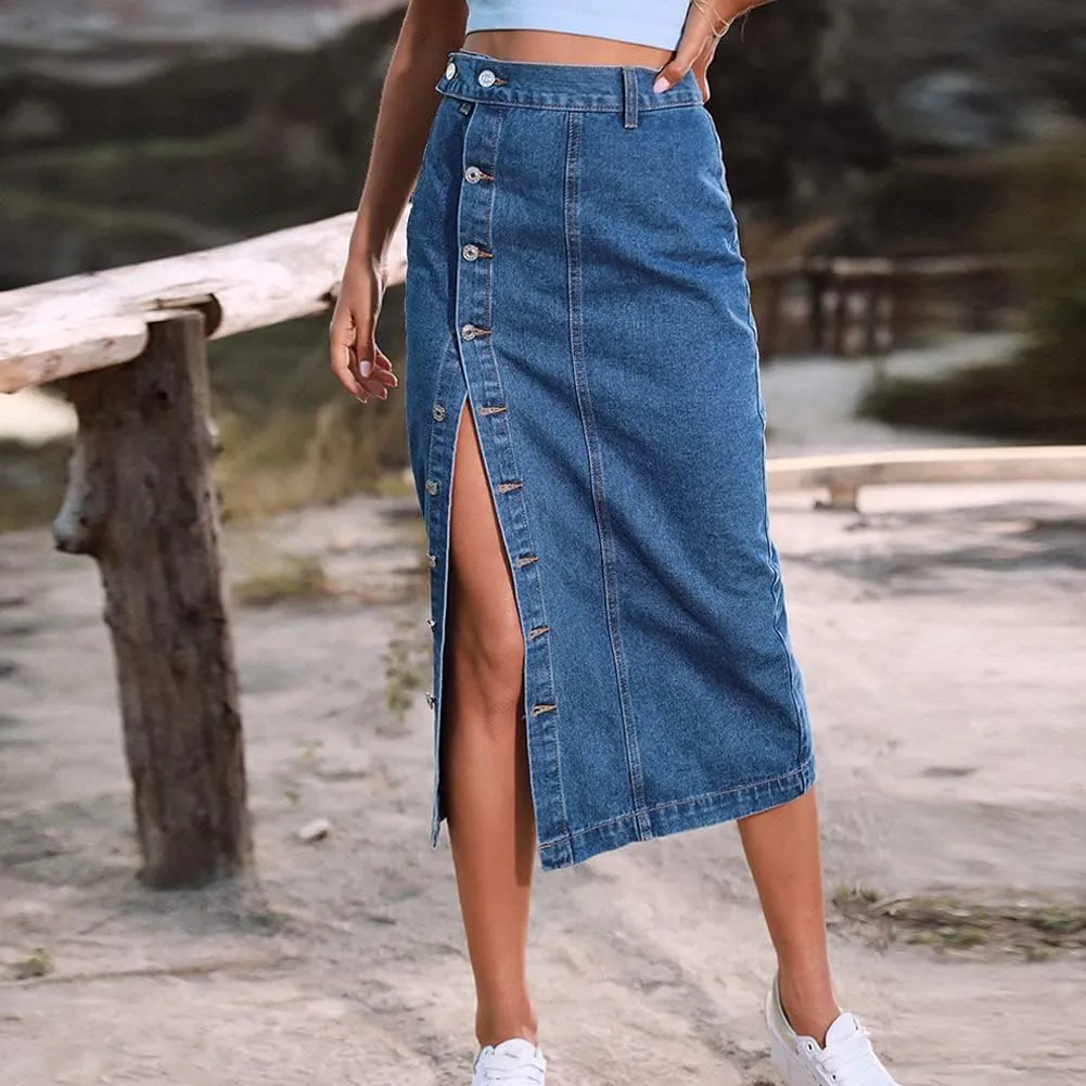 Long Jean Skirts for Women Button Up Split Jean Skirts High Waisted Midi Skirts with Pockets