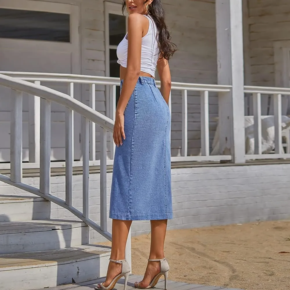 Long Jean Skirts for Women Button Up Split Jean Skirts High Waisted Midi Skirts with Pockets