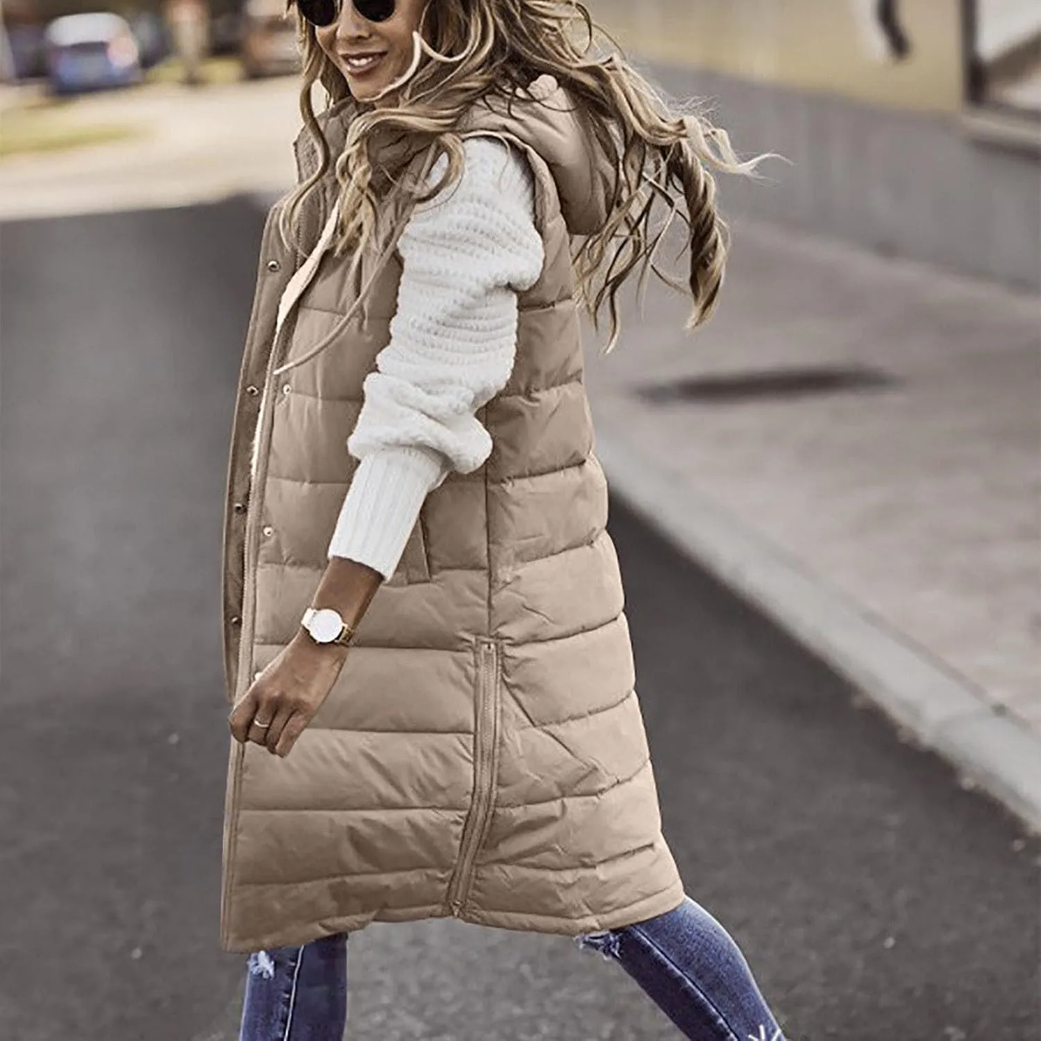 Long Puffer Vest Women With Hood Warm Sleeveless Solid Color Down Jacket Winter Lightweight Zipper Button Puffy Vest