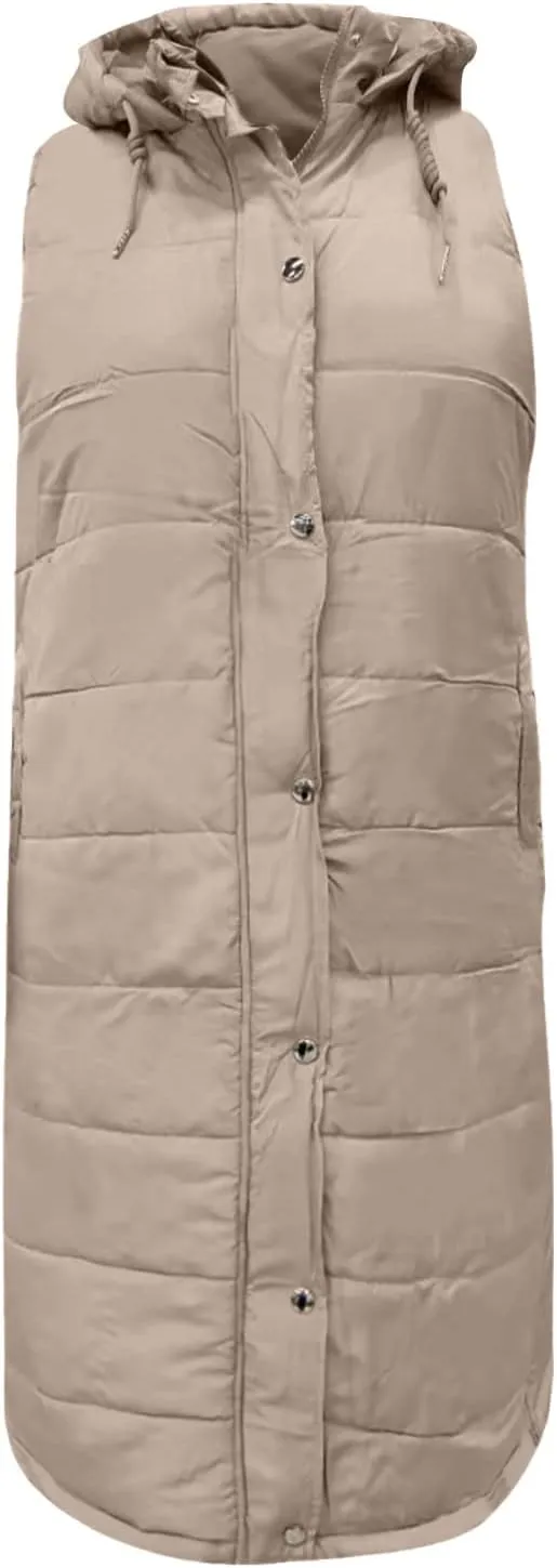 Long Puffer Vest Women With Hood Warm Sleeveless Solid Color Down Jacket Winter Lightweight Zipper Button Puffy Vest