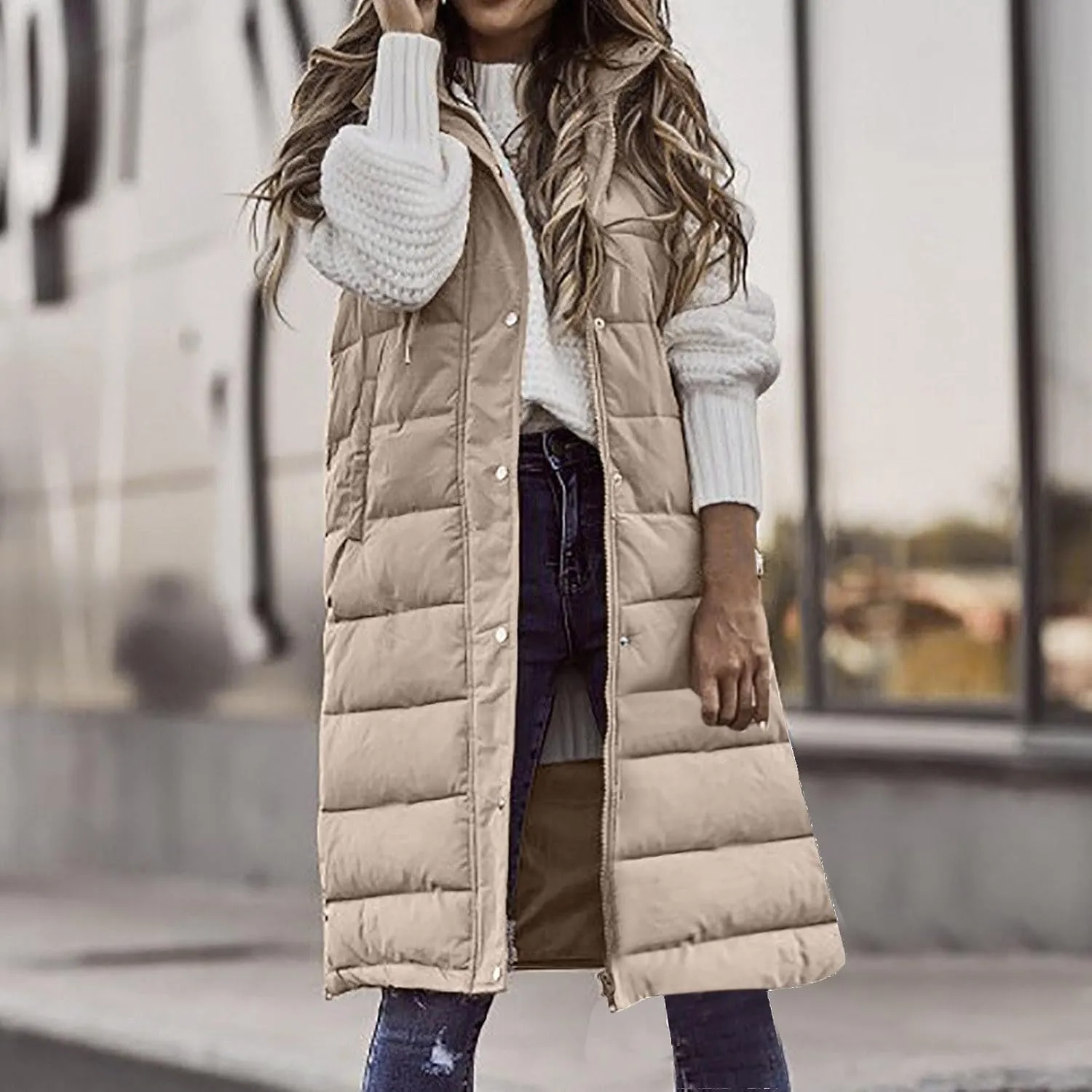 Long Puffer Vest Women With Hood Warm Sleeveless Solid Color Down Jacket Winter Lightweight Zipper Button Puffy Vest
