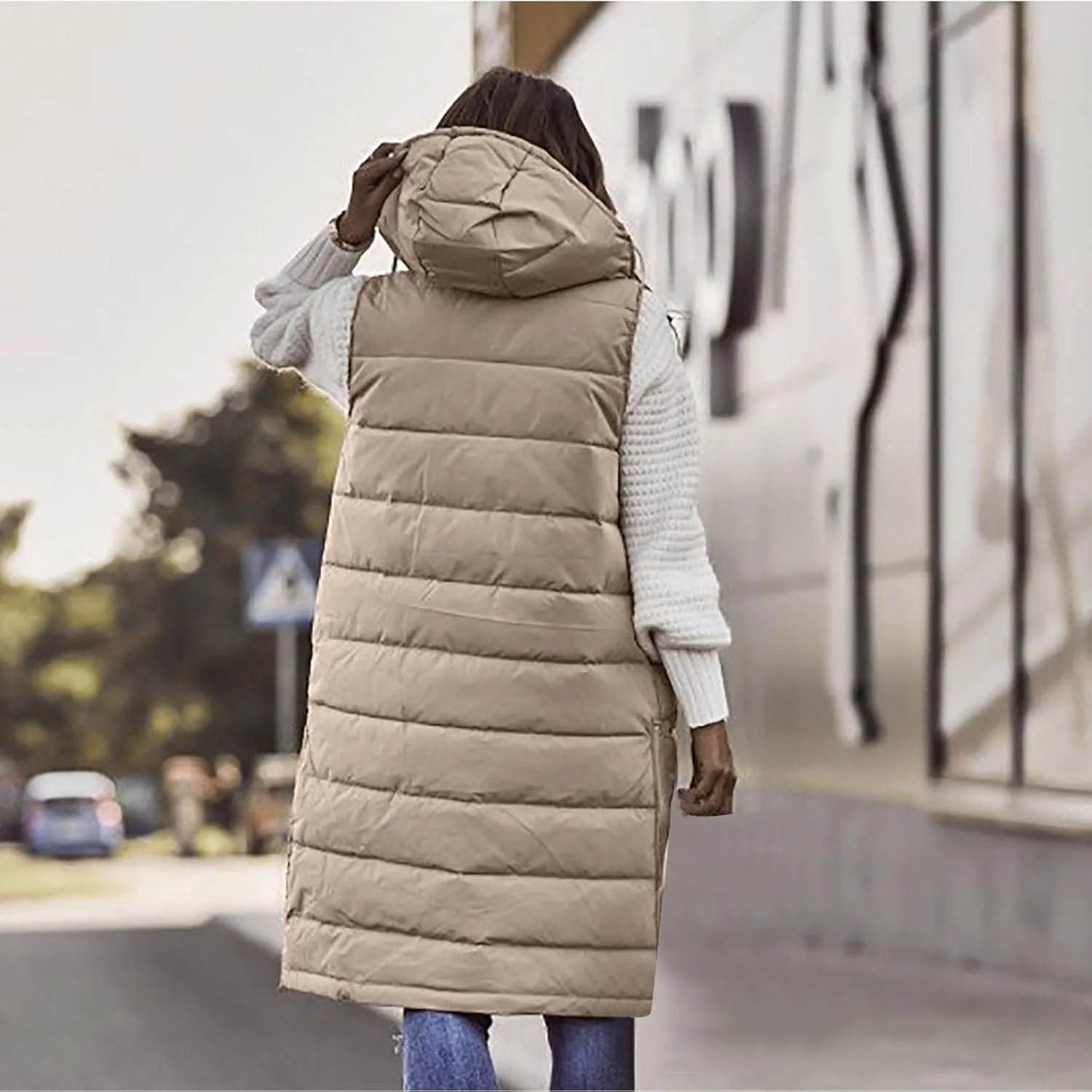 Long Puffer Vest Women With Hood Warm Sleeveless Solid Color Down Jacket Winter Lightweight Zipper Button Puffy Vest
