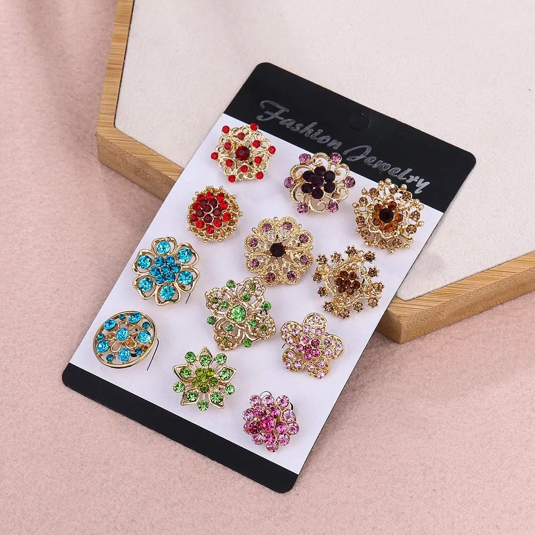 Lot 12pc Small Size Rhinestone Crystal Flower Brooches Pins Set DIY Wedding bridal Bouquet Women Broaches