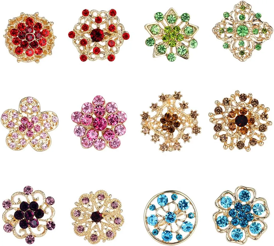 Lot 12pc Small Size Rhinestone Crystal Flower Brooches Pins Set DIY Wedding bridal Bouquet Women Broaches