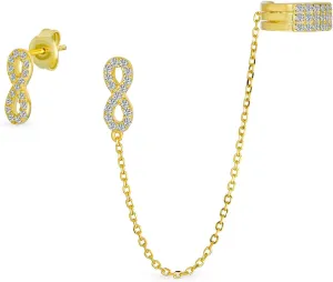 Love Symbol Chain Cartilage Threader Ear Cuff Wrap Infinity Earring Pave CZ Stud Helix Earring Stud Set For Women Yellow 14K Gold Plated .925 Sterling Silver