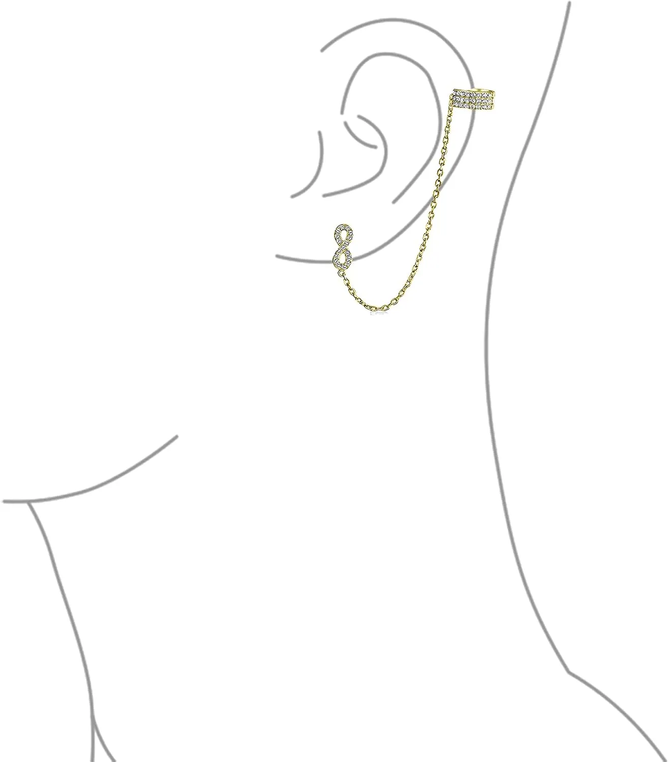 Love Symbol Chain Cartilage Threader Ear Cuff Wrap Infinity Earring Pave CZ Stud Helix Earring Stud Set For Women Yellow 14K Gold Plated .925 Sterling Silver