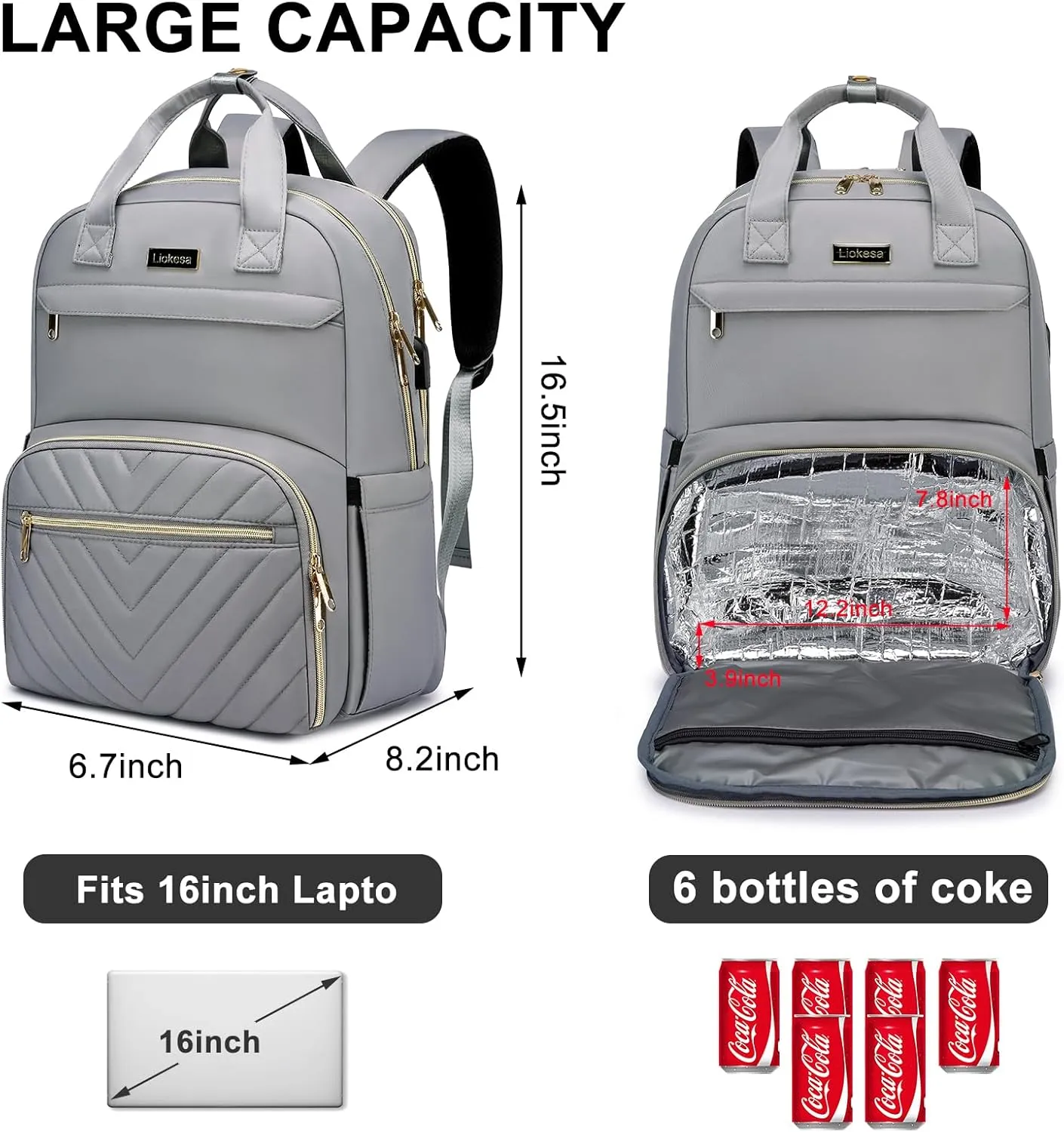Lunch Backpack for Women, 15.6 inch Laptop Backpack with USB Port, Water Resistant Insulated Cooler Lunch Bag , Travel Work Laptop Bags with Lunch Box for College Work Pincic Camping Beaches, Grey