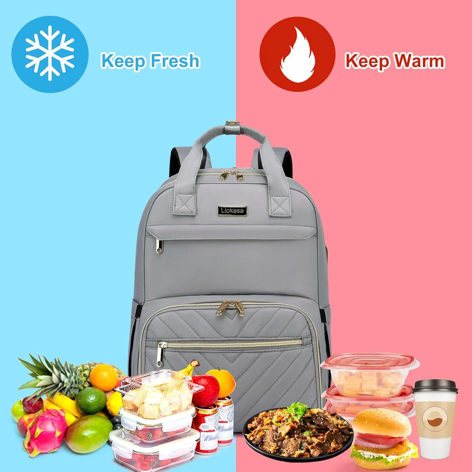 Lunch Backpack for Women, 15.6 inch Laptop Backpack with USB Port, Water Resistant Insulated Cooler Lunch Bag , Travel Work Laptop Bags with Lunch Box for College Work Pincic Camping Beaches, Grey