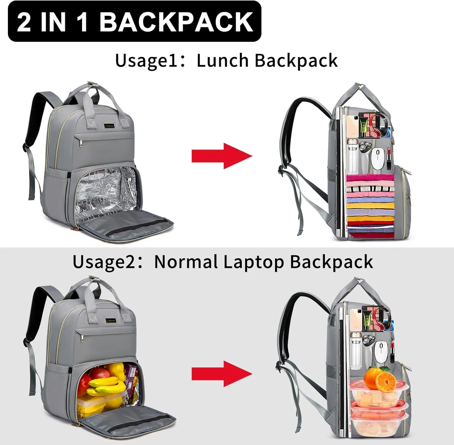 Lunch Backpack for Women, 15.6 inch Laptop Backpack with USB Port, Water Resistant Insulated Cooler Lunch Bag , Travel Work Laptop Bags with Lunch Box for College Work Pincic Camping Beaches, Grey