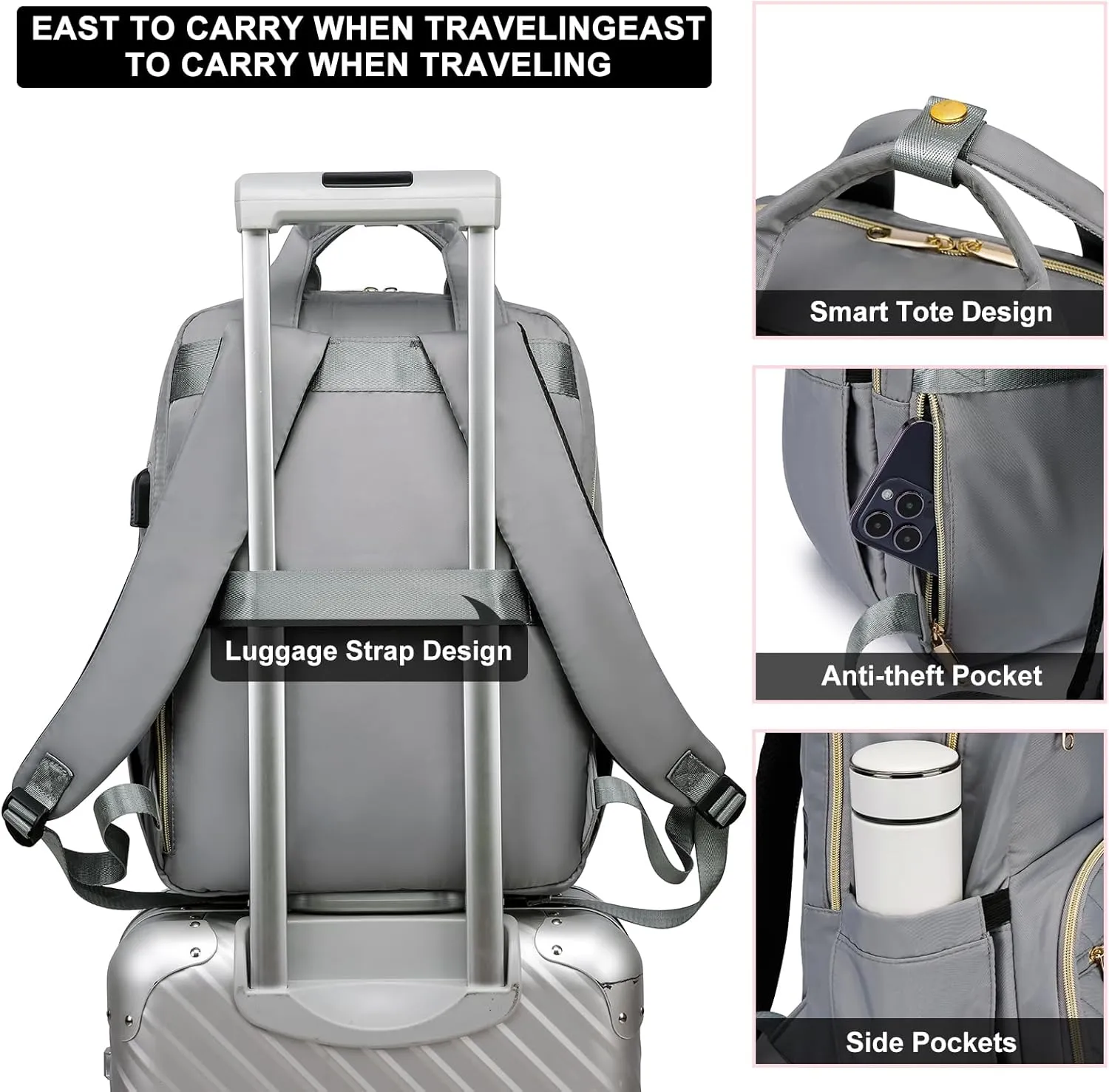 Lunch Backpack for Women, 15.6 inch Laptop Backpack with USB Port, Water Resistant Insulated Cooler Lunch Bag , Travel Work Laptop Bags with Lunch Box for College Work Pincic Camping Beaches, Grey
