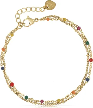 Made by Nami Dainty Gold Link Bracelets for Women Adjustable Double Layered Gold Chain Bracelet with Colorful Beads 7.5"   2" Chain Extension
