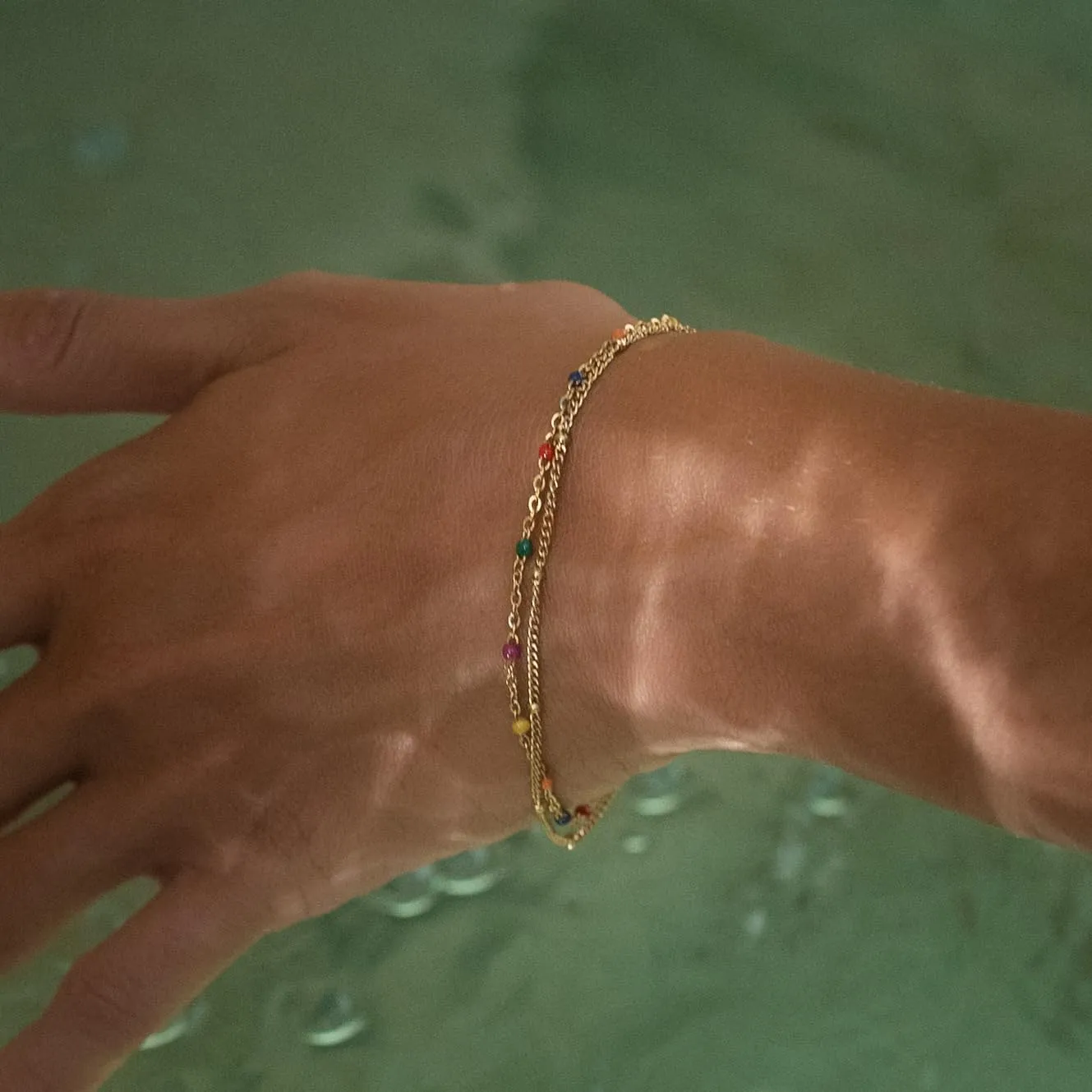 Made by Nami Dainty Gold Link Bracelets for Women Adjustable Double Layered Gold Chain Bracelet with Colorful Beads 7.5"   2" Chain Extension