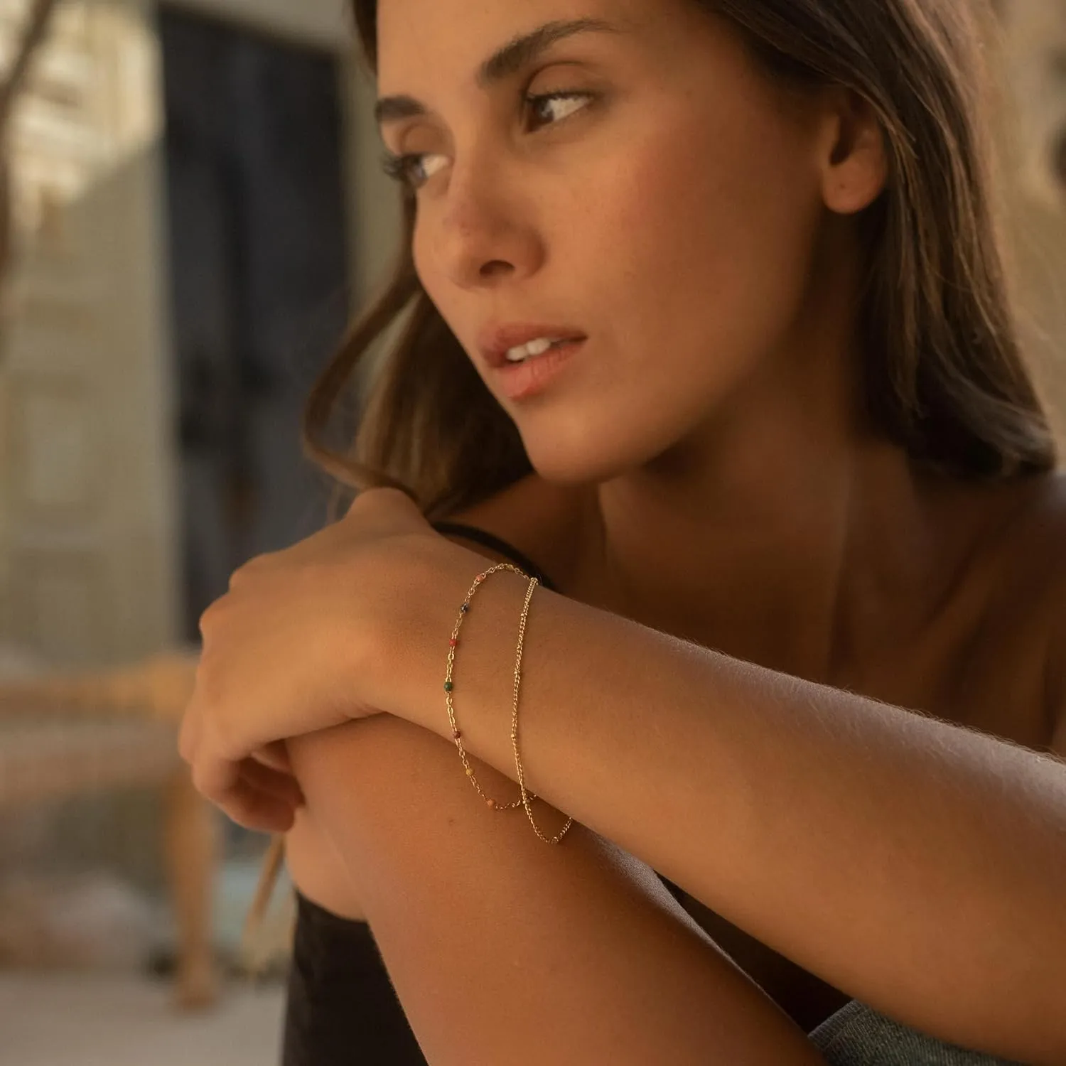 Made by Nami Dainty Gold Link Bracelets for Women Adjustable Double Layered Gold Chain Bracelet with Colorful Beads 7.5"   2" Chain Extension