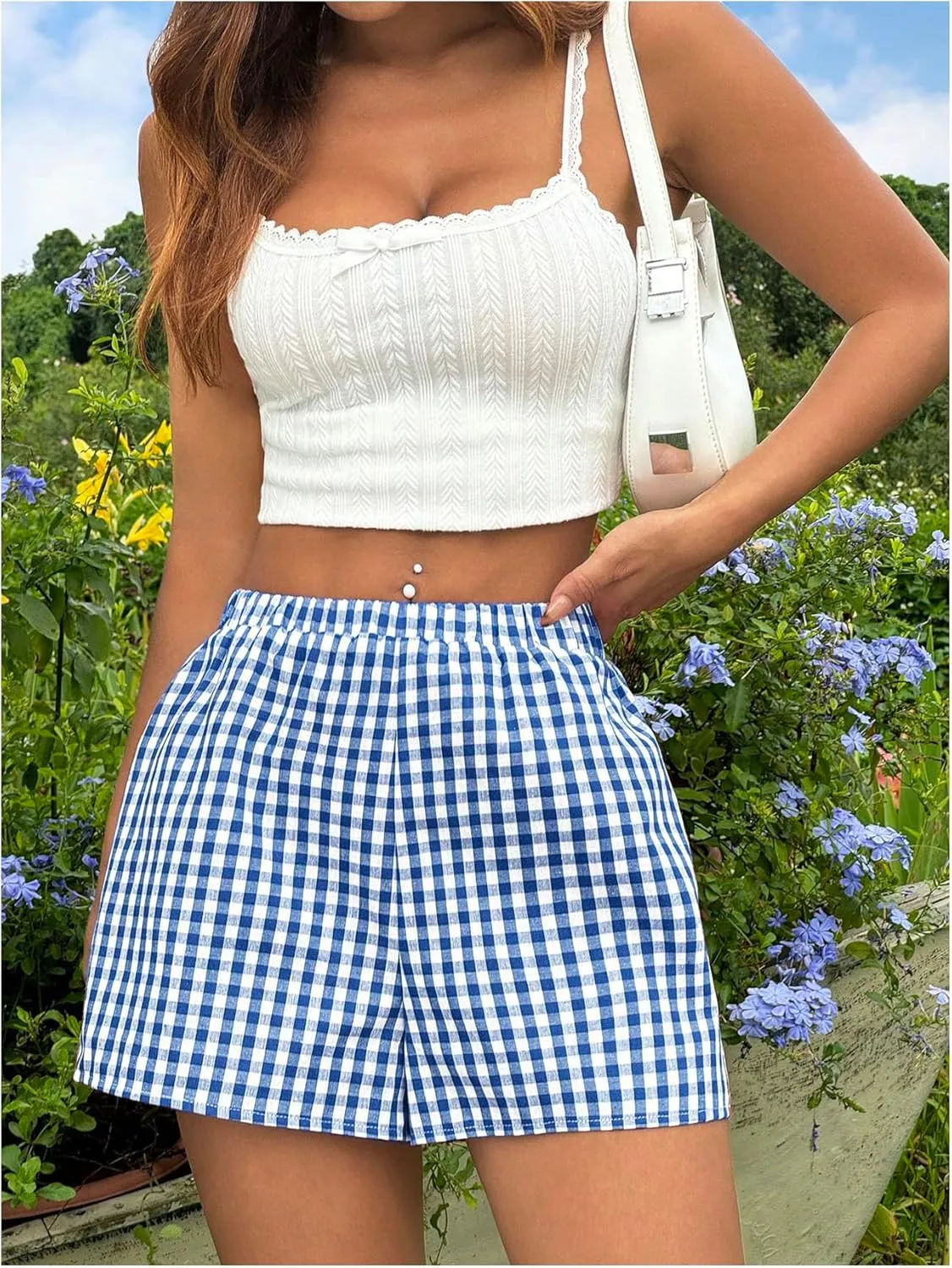 MakeMeChic Women's 3 Pack Plaid Boxer Shorts Y2k Elastic High Waist Lounge Gingham Shorts